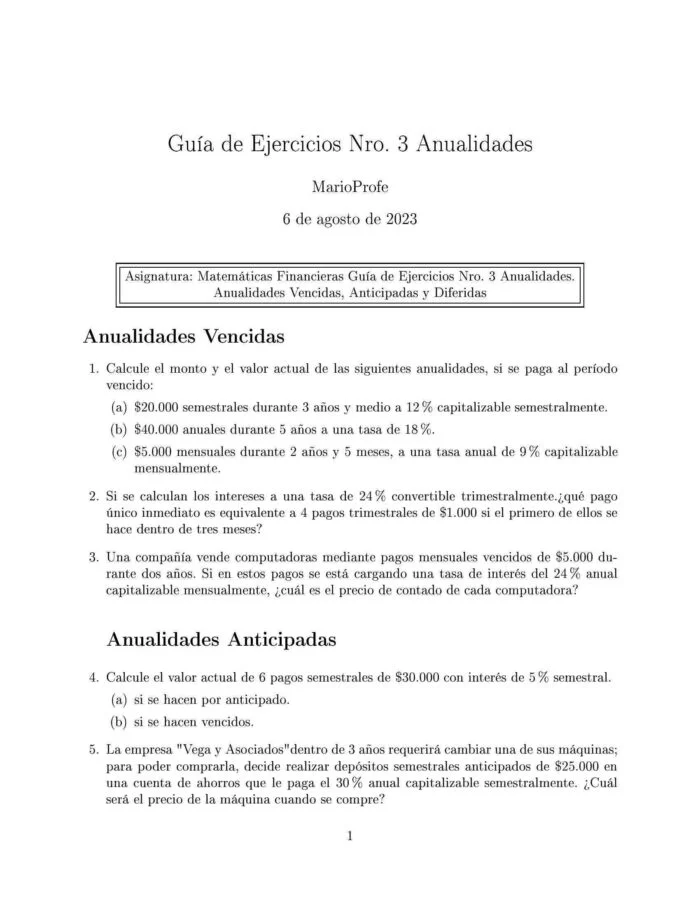 Ejercicios Resueltos de Anualidades 01: Guía 01 MarioProfe