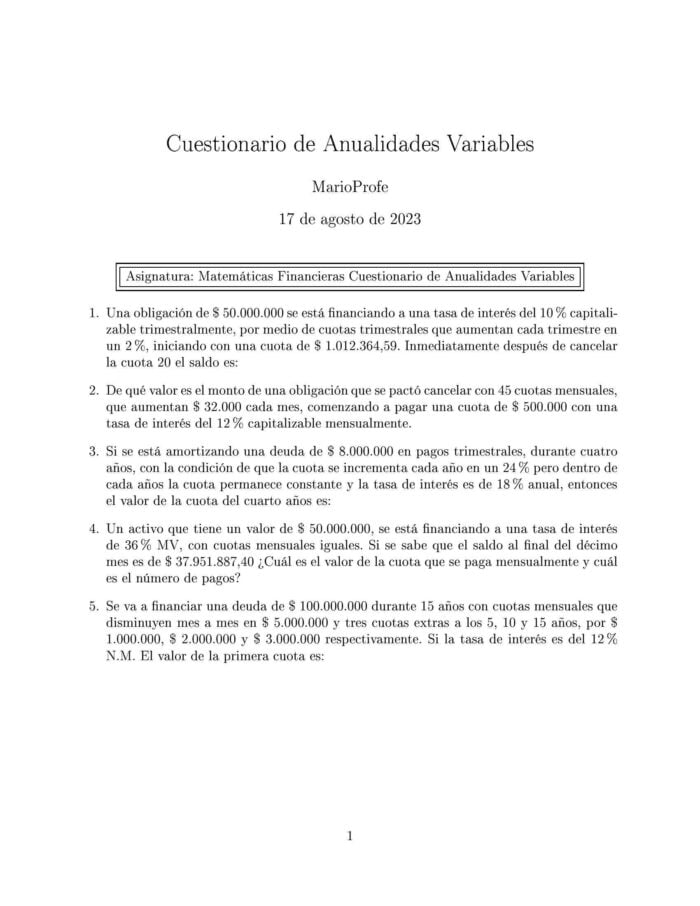 Ejercicios Resueltos de Anualidades Variables Guía 01 MarioProfe