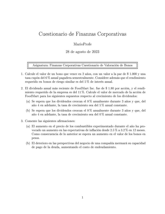 Ejercicios Resueltos de Finanzas Corporativas Guía 01 MarioProfe