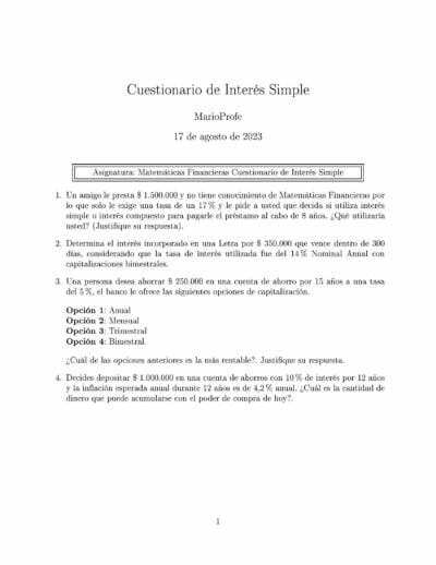 Ejercicios Resueltos de Interés Simple Guía 05 MarioProfe