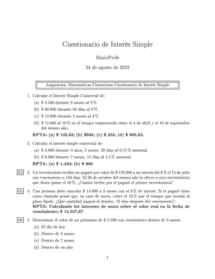 Ejercicios Resueltos de Interés Simple Guía A 07 MarioProfe