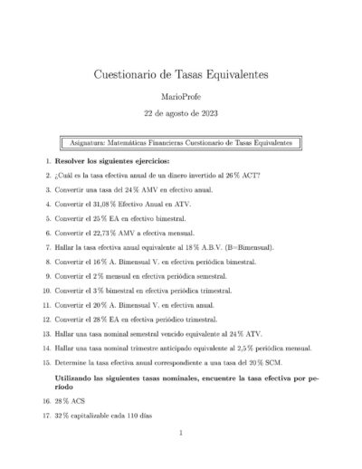 Ejercicios Resueltos de Tasas Equivalentes Guía 01: A MarioProfe