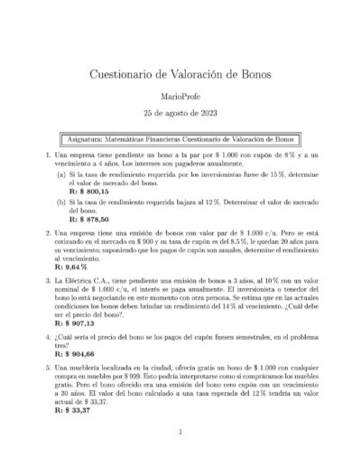 Ejercicios Resueltos de Valoración de Bonos Guía 01 MarioProfe