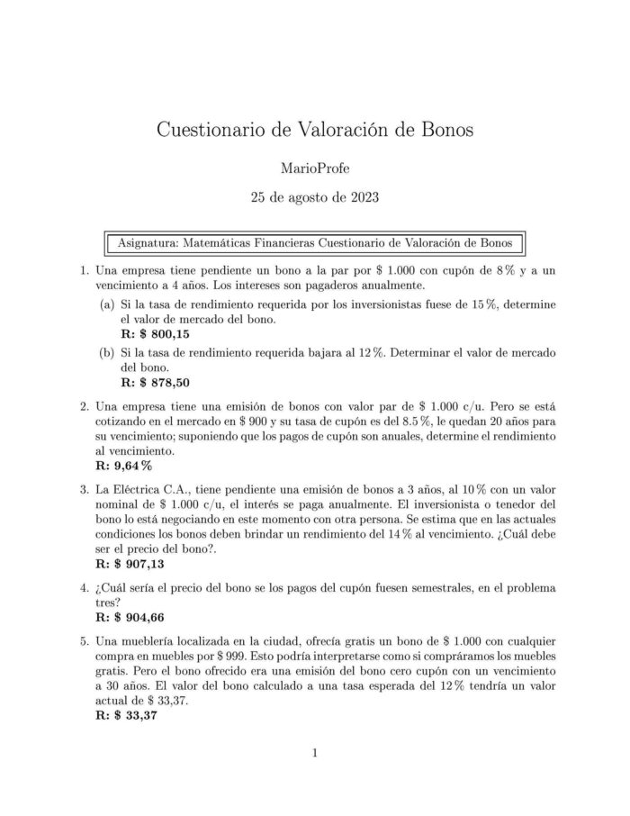 Ejercicios Resueltos de Valoración de Bonos Guía 01 MarioProfe