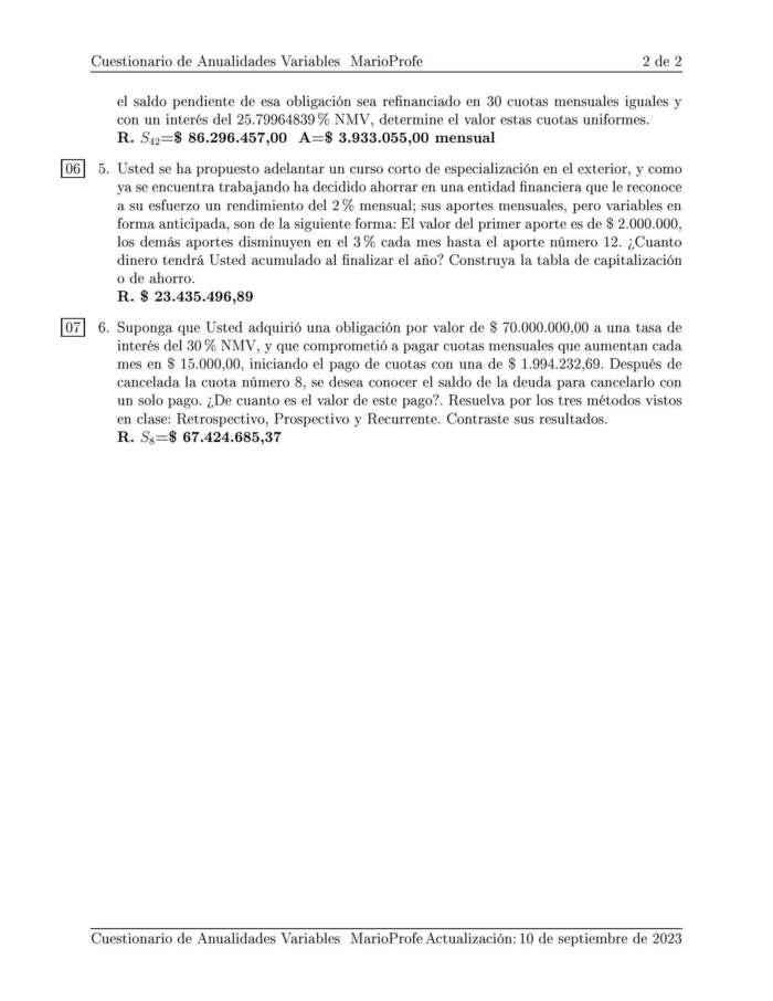 Ejercicios Resueltos de Anualidades Variables Guía B 08 MarioProfe