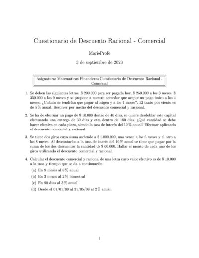 Ejercicios Resueltos de Descuento Racional y Comercial Guía 01 MarioProfe