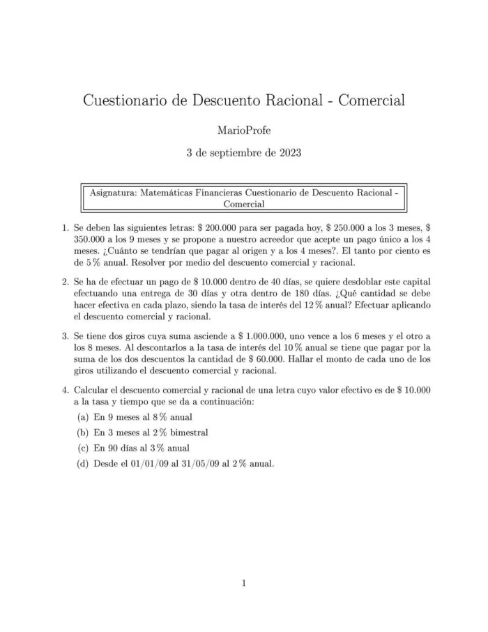 Ejercicios Resueltos de Descuento Racional y Comercial Guía 01 MarioProfe