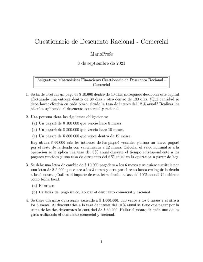 Ejercicios Resueltos de Descuento Racional y Comercial Guía 02 MarioProfe