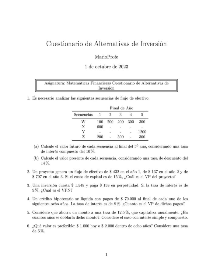 Ejercicios Resueltos de Alternativas de Inversión: Guía A 04 MarioProfe