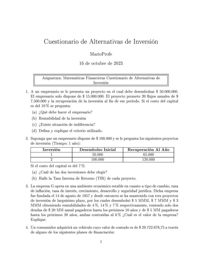 Ejercicios Resueltos de Alternativas de Inversión Guía A 05 MarioProfe