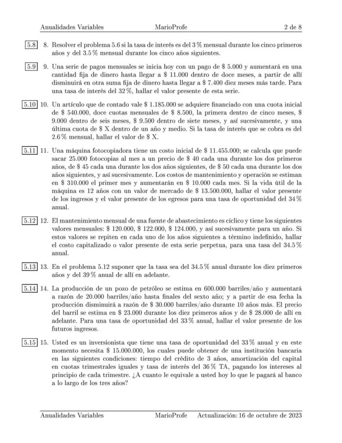 Ejercicios Resueltos de Anualidades Variables Guía B 10 MarioProfe