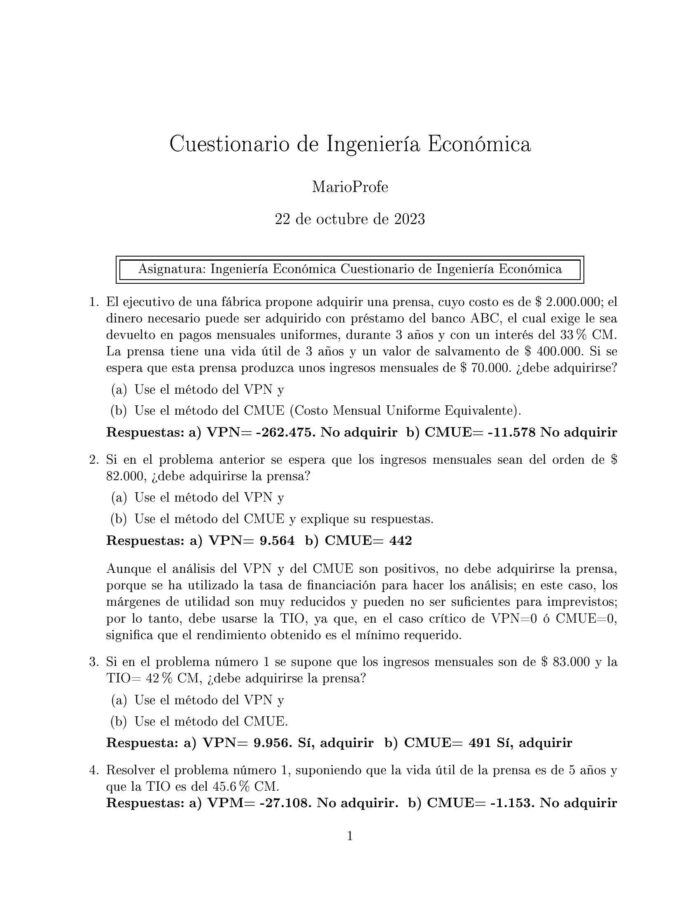 Ejercicios Resueltos de Ingeniería Económica Guía A 11 MarioProfe