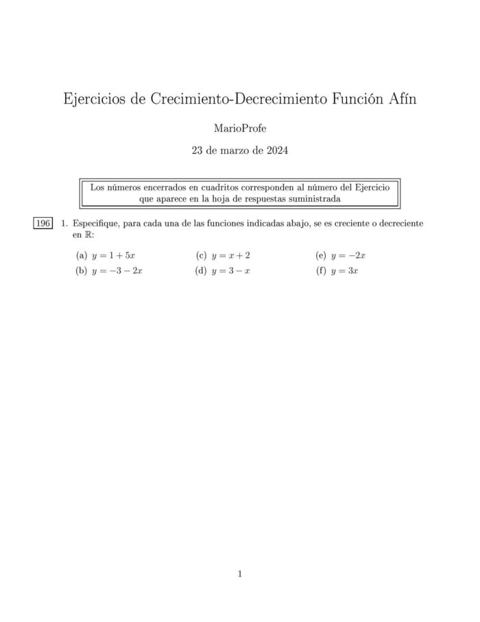 Ejercicios Resueltos de Crecimiento y Decrecimiento de la Función Afín MarioProfe