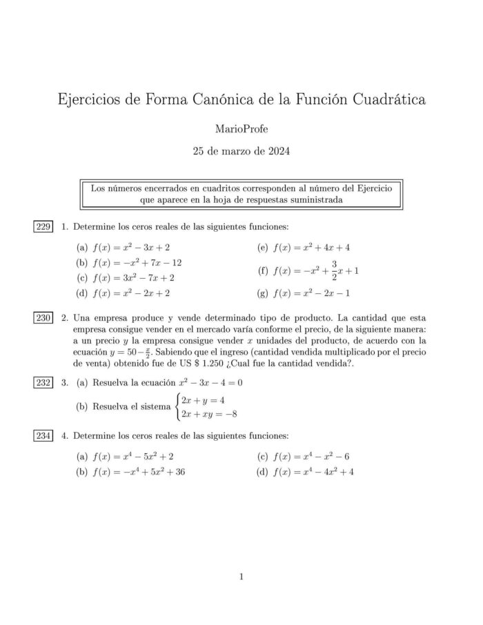 Ejercicios Resueltos de Forma Canónica de la Función Cuadrática MarioProfe