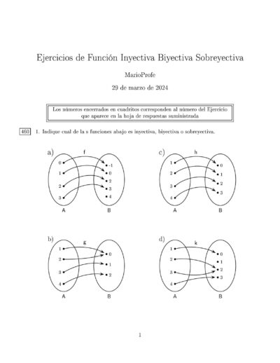 Ejercicios Resueltos de Función Inyectiva Biyectiva y Sobreyectiva: Guía 1 MarioPorfe