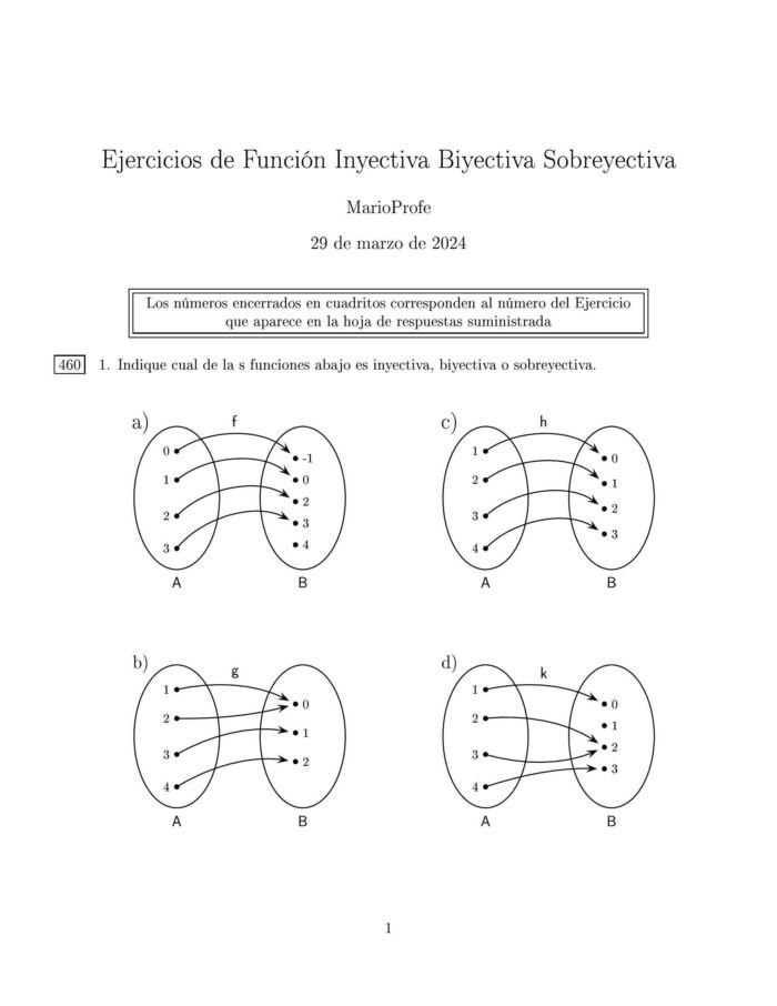 Ejercicios Resueltos de Función Inyectiva Biyectiva y Sobreyectiva: Guía 1 MarioPorfe