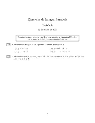 Ejercicios Resueltos de Imagen de la Función Cuadrática MarioProfe