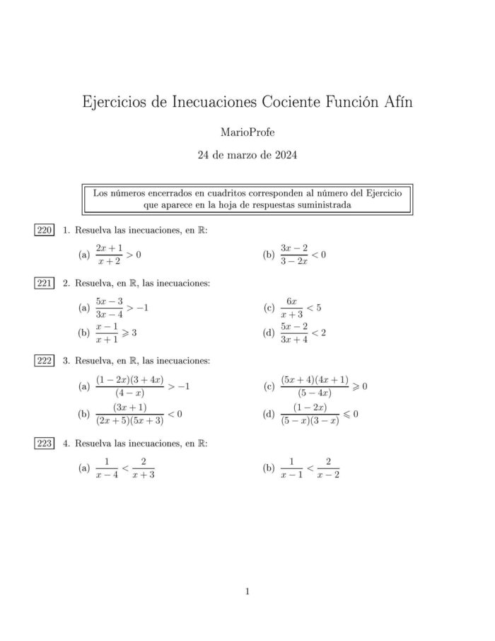 Ejercicios Resueltos de Inecuaciones Cociente de la Función Afín MarioProfe