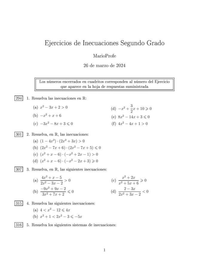 Ejercicios Resueltos de Inecuaciones Segundo Grado de la Función Cuadrática: Guía 1 MarioProfe