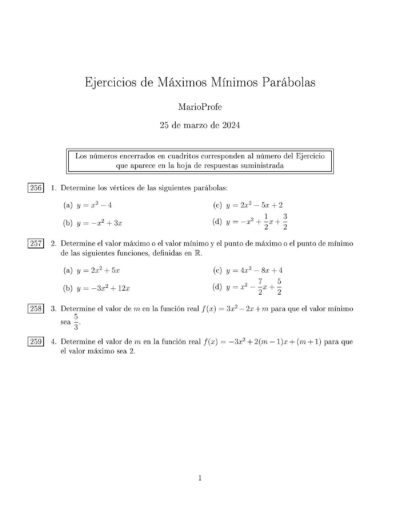 Ejercicios Resueltos de Máximos y Mínimos de la Función Cuadrática MarioProfe
