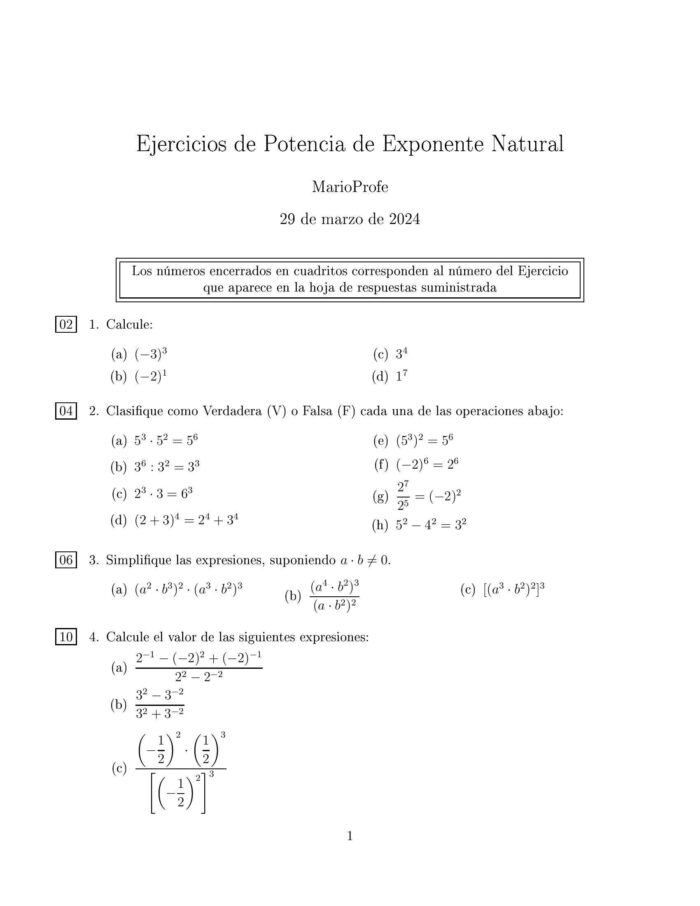 Ejercicios Resueltos de Potencia Exponente Natural: Guía 1 MarioProfe