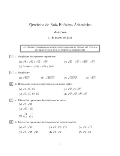Ejercicios Resueltos de Raíz Enésima Aritmética: Guía 1 MarioProfe
