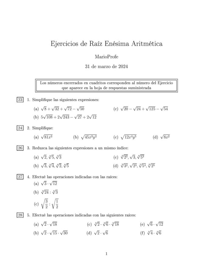 Ejercicios Resueltos de Raíz Enésima Aritmética: Guía 1 MarioProfe