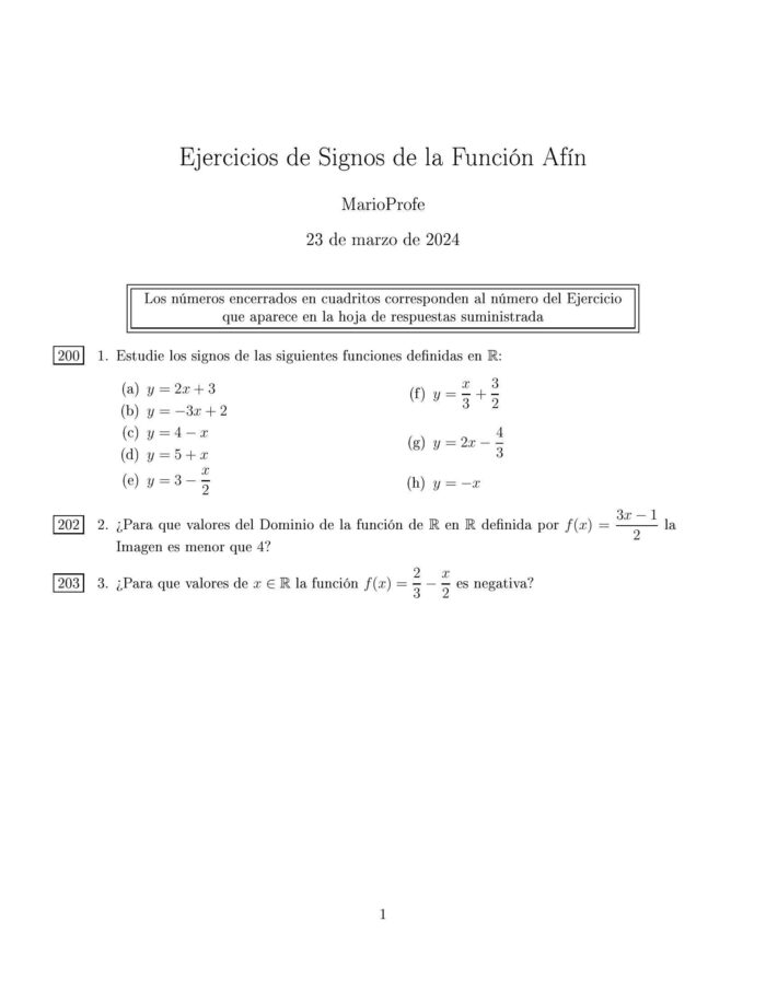 Ejercicios Resueltos de Signos de la Función Afín MarioProfe