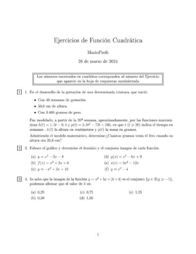 Ejercicios Resueltos de la Función Cuadrática: Guía 1 MarioProfe