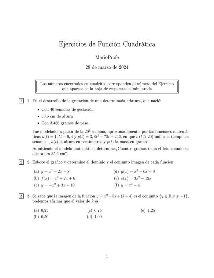 Ejercicios Resueltos de la Función Cuadrática: Guía 1 MarioProfe