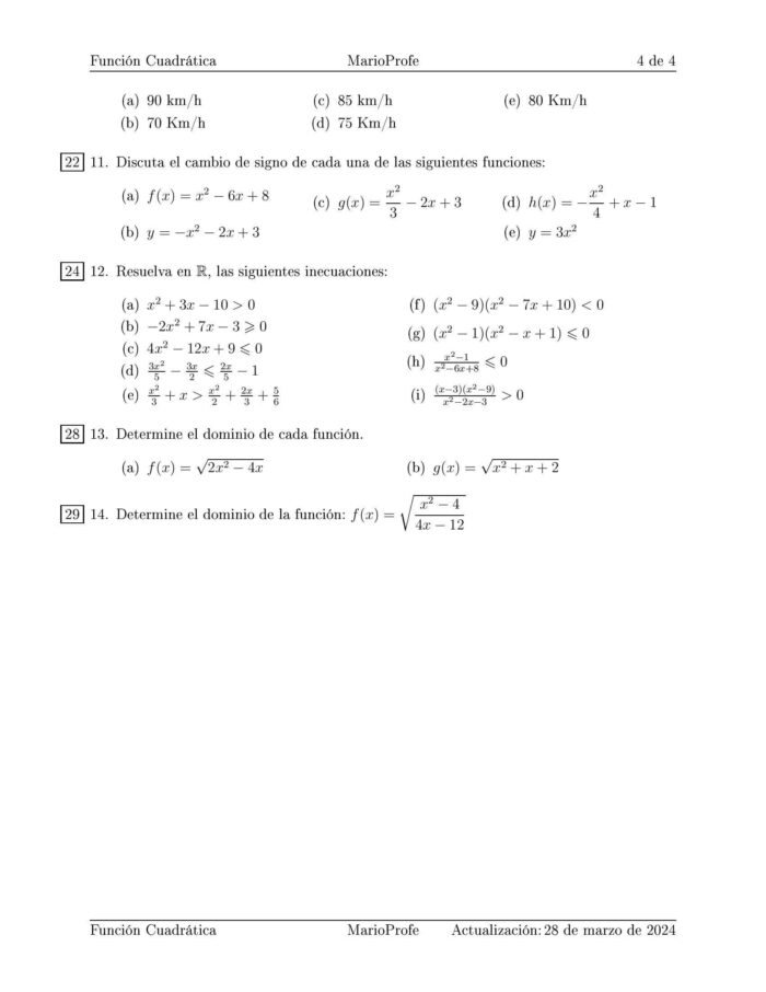Ejercicios Resueltos de la Función Cuadrática: Guía 4 MarioProfe