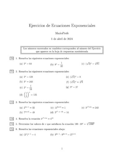 Ejercicios Resueltos de Ecuaciones Exponenciales: Guía 1 MarioProfe