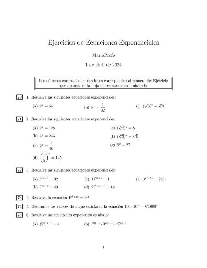 Ejercicios Resueltos de Ecuaciones Exponenciales: Guía 1 MarioProfe