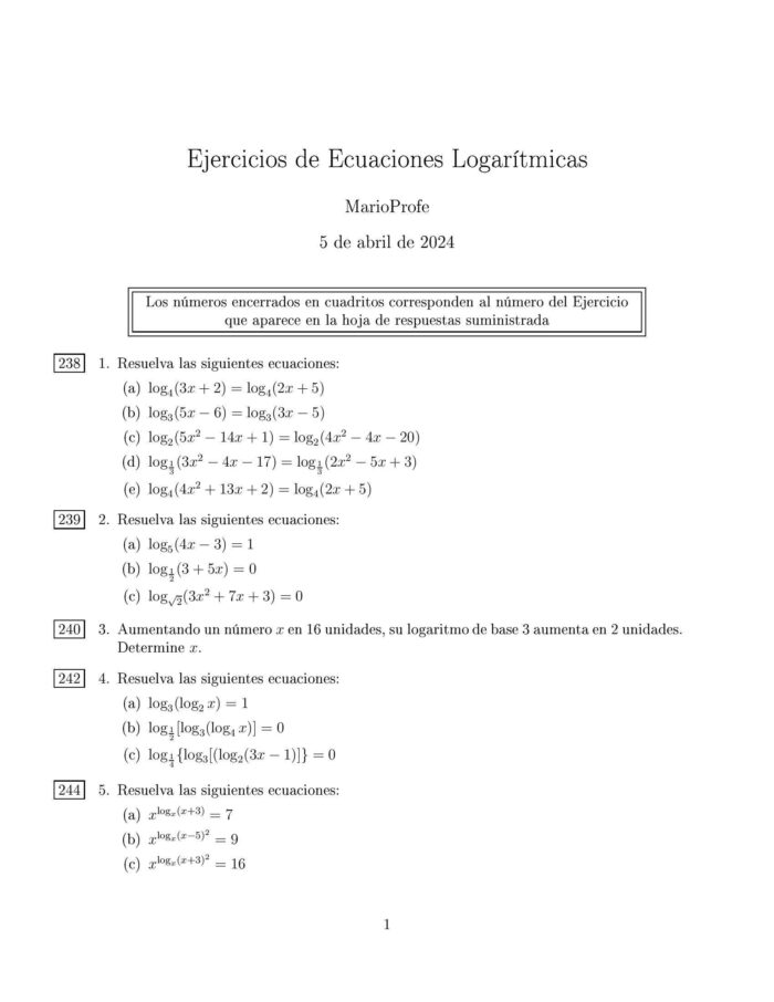 Ejercicios Resueltos de Ecuaciones Logarítmicas: Guía 1 MarioProfe