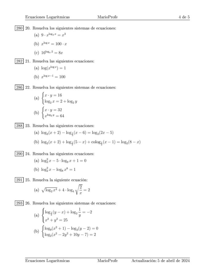 Ejercicios Resueltos de Ecuaciones Logarítmicas: Guía 4 MarioProfe