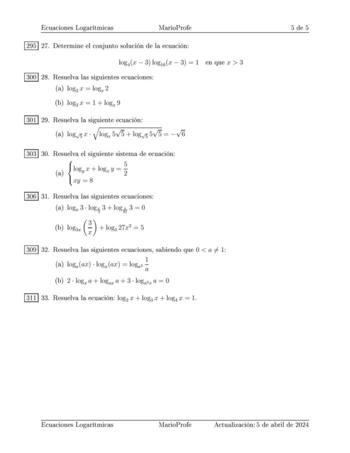 Ejercicios Resueltos de Ecuaciones Logarítmicas: Guía 5 MarioProfe