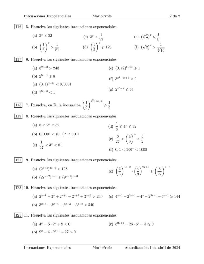 Ejercicios Resueltos de Inecuaciones Exponenciales: Guía 2 MarioProfe