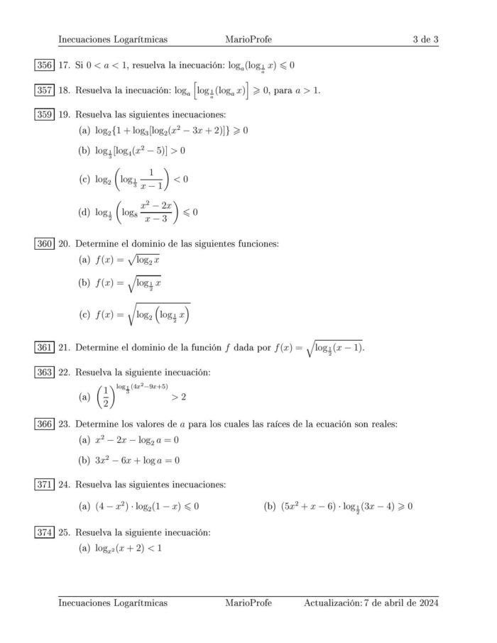 Ejercicios Resueltos de Inecuaciones Logarítmicas: Guía 3 MarioProfe