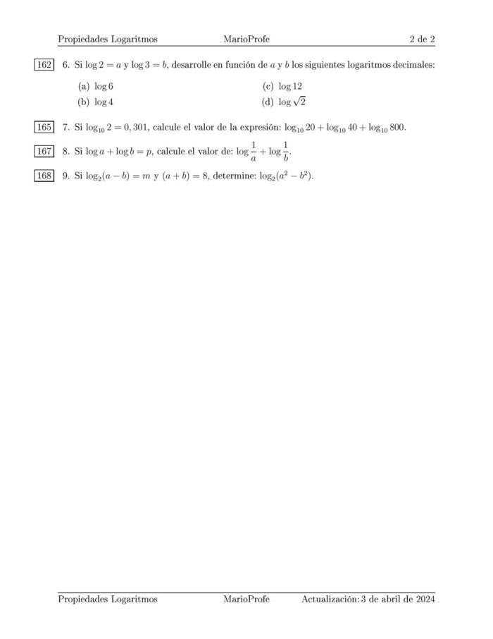 Ejercicios Resueltos de Propiedades de los Logaritmos: Guía 2 MarioProfe