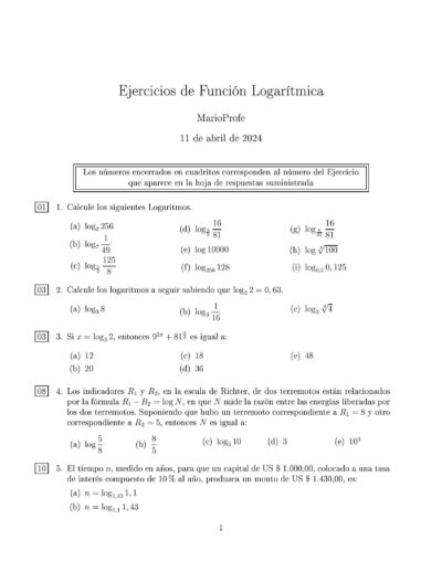 Ejercicios Resueltos de Función Logarítmica: Guía 1 MarioProfe