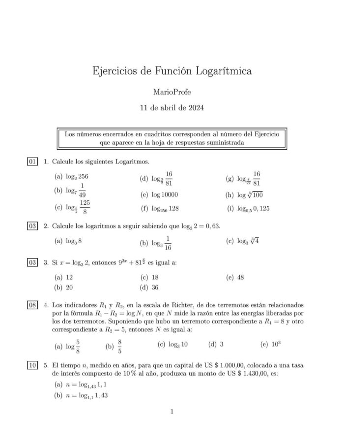 Ejercicios Resueltos de Función Logarítmica: Guía 1 MarioProfe