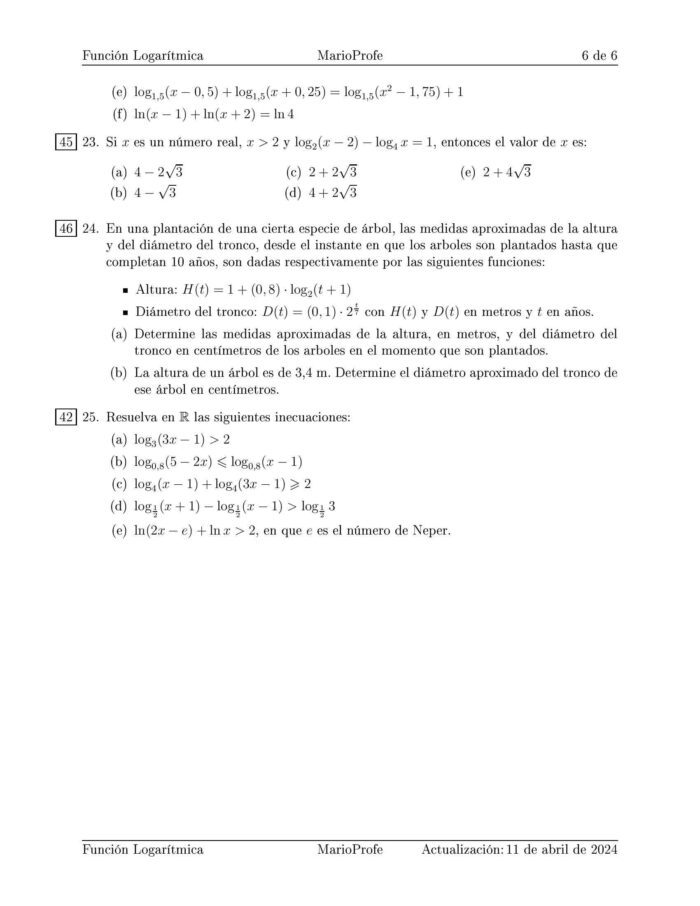 Ejercicios Resueltos de Función Logarítmica: Guía 6 MarioProfe