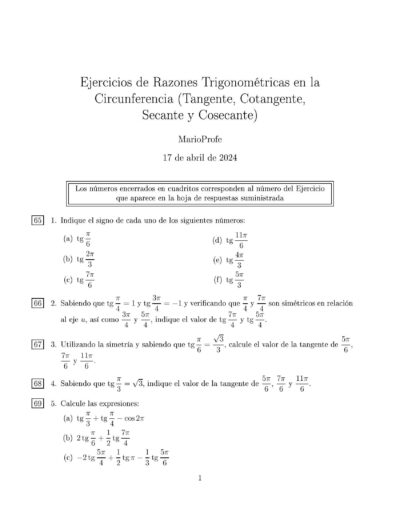 Ejercicios Resueltos de Razones Trigonométricas en la Circunferencia: Guía 1 MarioProfe