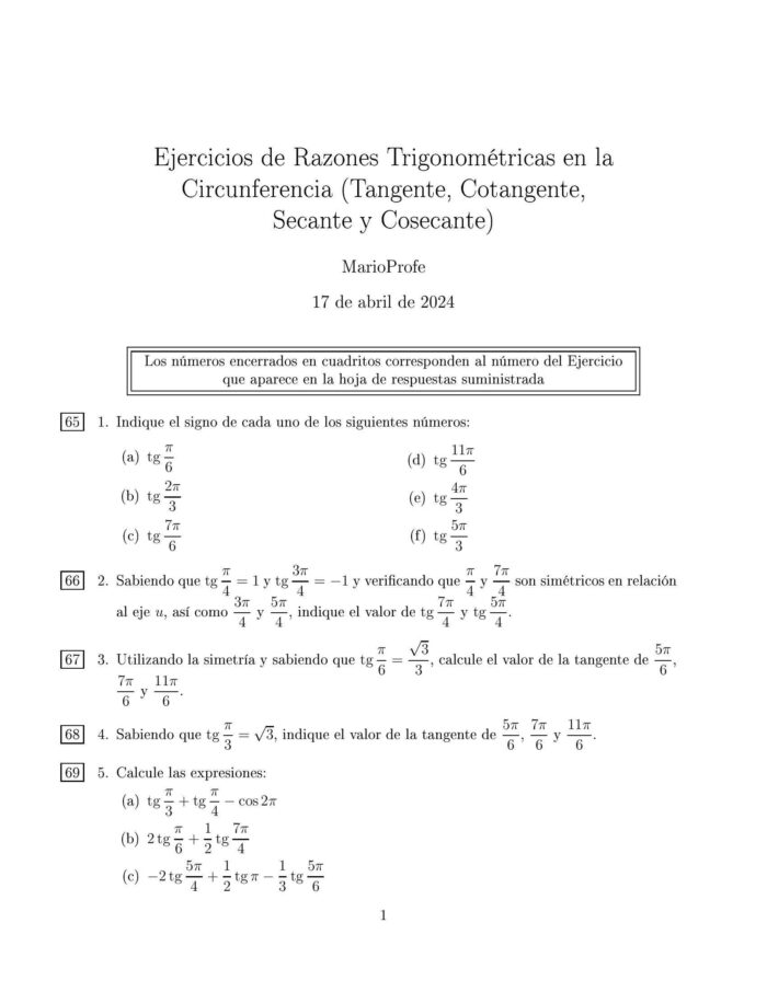 Ejercicios Resueltos de Razones Trigonométricas en la Circunferencia: Guía 1 MarioProfe