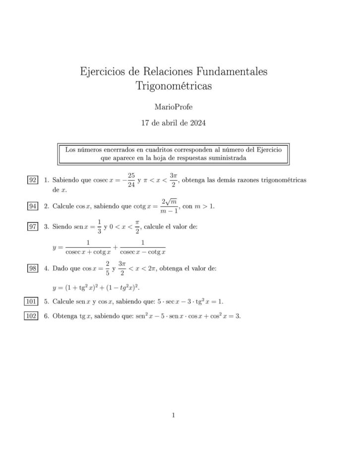 Ejercicios Resueltos de Relaciones Fundamentales Trigonométricas MarioProfe