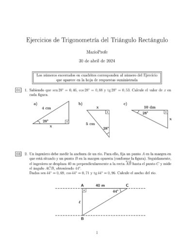 Ejercicios Resueltos de Trigonometría del Triángulo Rectángulo: Guía 1 MarioProfe