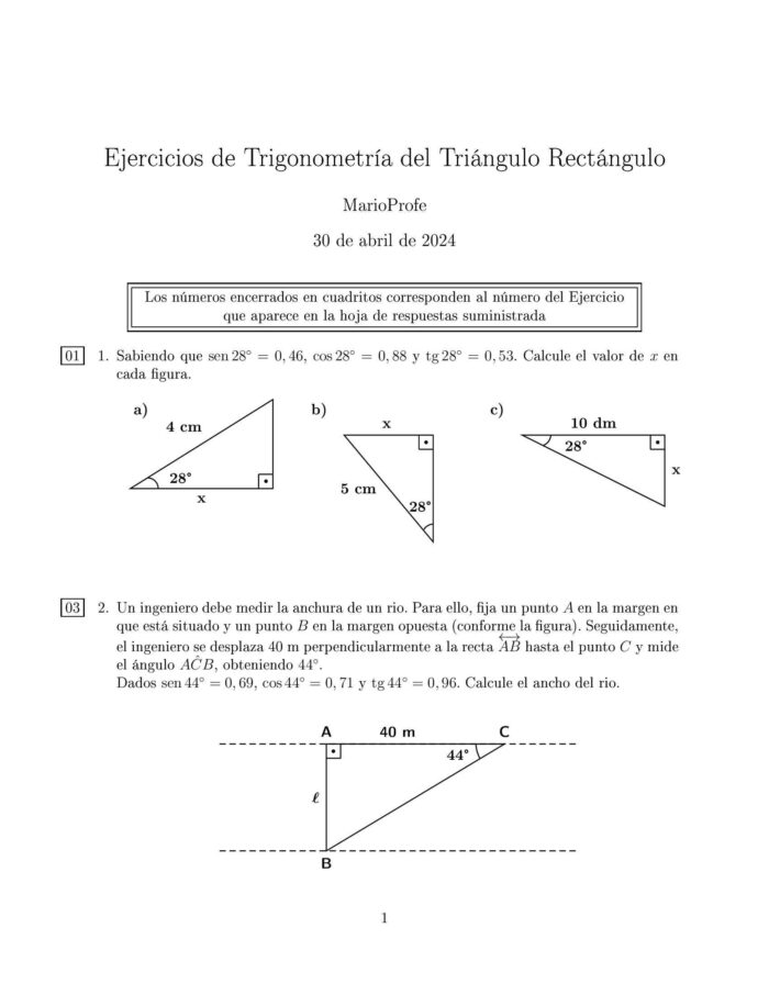 Ejercicios Resueltos de Trigonometría del Triángulo Rectángulo: Guía 1 MarioProfe