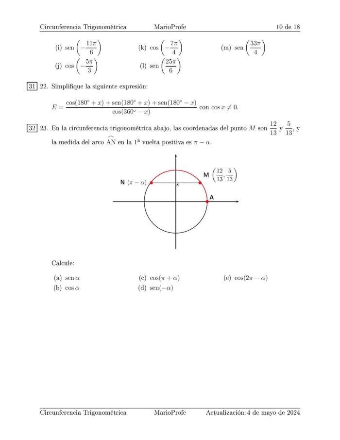 Ejercicios Resueltos de Circunferencia Trigonométrica: Guía 10 MarioProfe