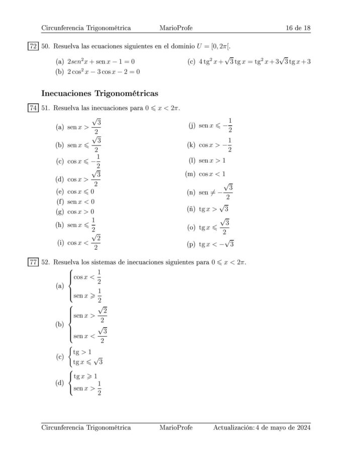 Ejercicios Resueltos de Circunferencia Trigonométrica: Guía 16 MarioProfe