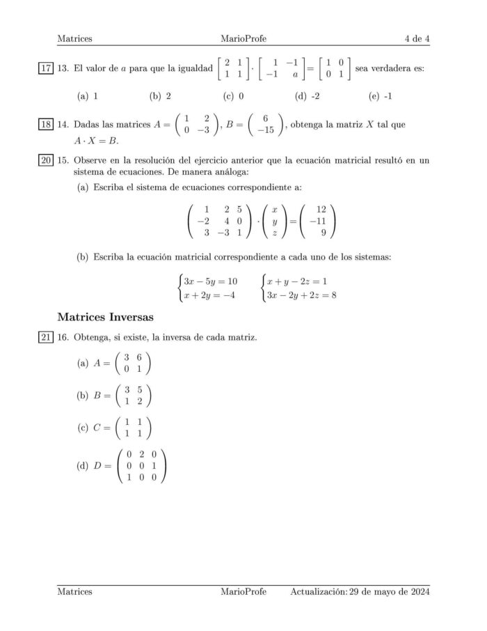 Ejercicios Resueltos de Matrices: Guía 4 MarioProfe